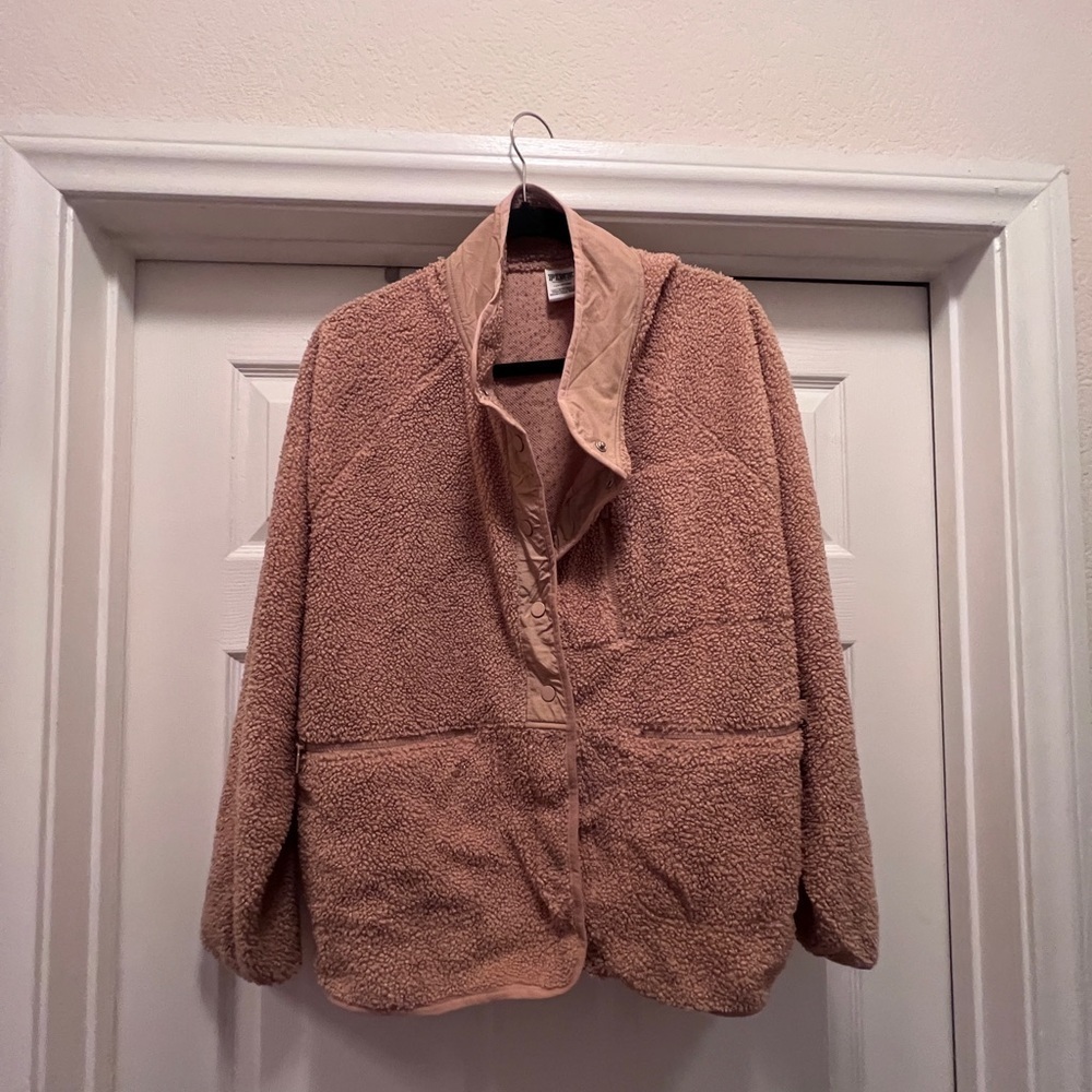 NEW Victoria Secret PINK Women’s Button Up Teddy Jacket Tan Beige Size L